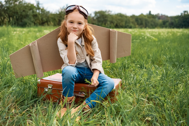 adorable kid in pilot costume sitting on retro suitcase in summer field - Photo, Image