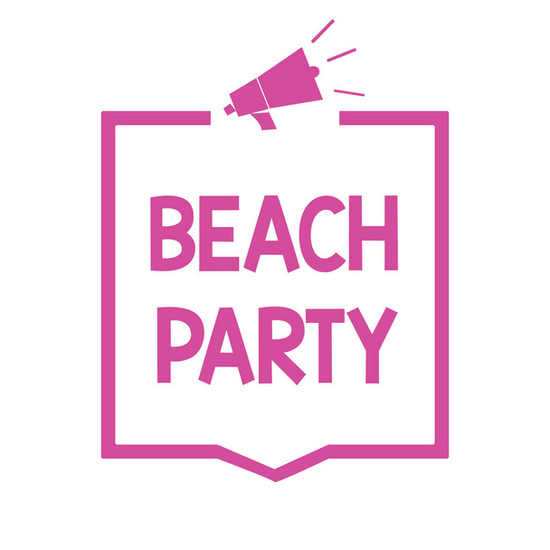konzeptionelle Handschrift, die Beachparty zeigt. Geschäftsfotos, auf denen kleine oder große Feste an den Ufern des Meeres gezeigt werden, tragen normalerweise ein rosafarbenes Mikrofon, das Informationen übermittelt - Foto, Bild