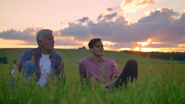 Adult son sitting with old father on wheat or rye field and looking around, relaxing, beautiful view with sunset in background - Záběry, video