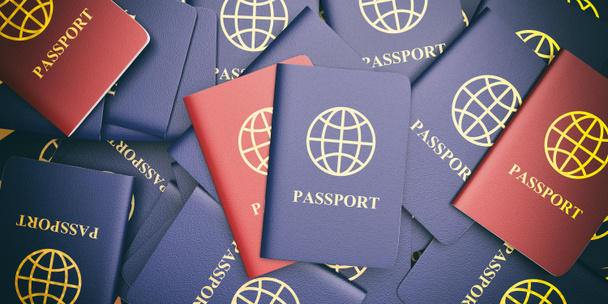 Travel concept. Blue and red passports background. 3d illustration - Photo, Image