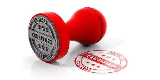 Sello certificado. Estampador de caucho redondo rojo y sello con texto certificado aislado sobre fondo blanco. ilustración 3d
 - Foto, Imagen