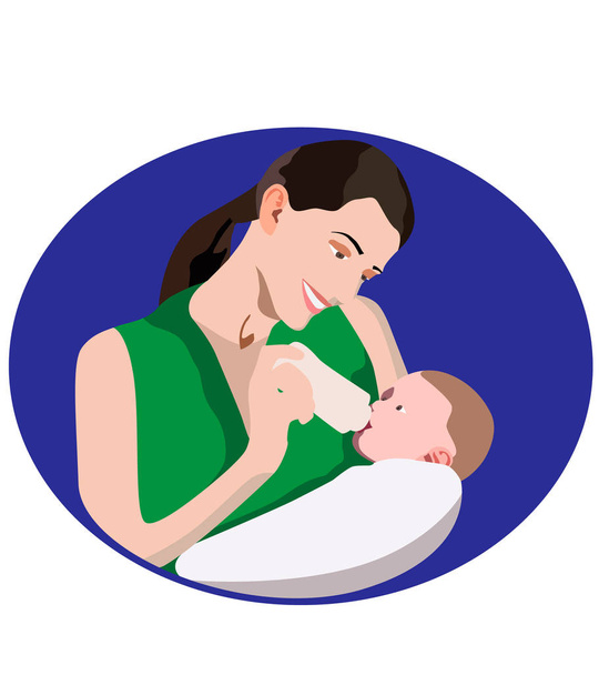young beautiful girl feeding her baby through a bottle - Vector, Image