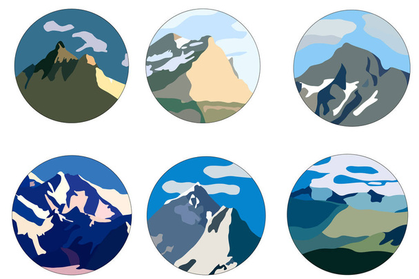 Set of 6 different beautiful icons of mountains - Vector, Image