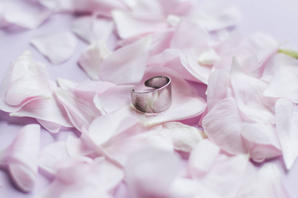 Blütenblätter mit zartrosa Blüten und Ring auf rosa Hintergrund - Foto, Bild