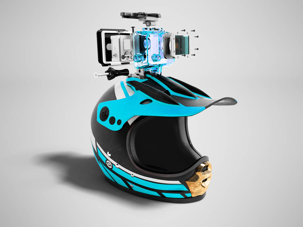 Motocykl niebieski nowoczesny kask z kamery niebieski prawy 3d renderowania na szarym tle z cienia - Zdjęcie, obraz