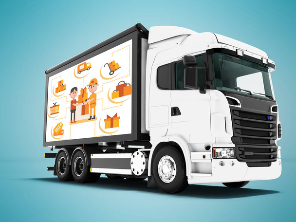Современный белый грузовик для перевозки товаров из магазина к покупателю 3D рендеринг на синем фоне с тенью
 - Фото, изображение