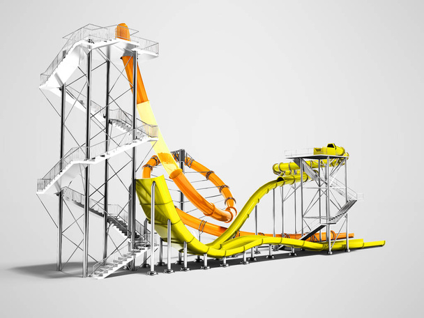 Orange large water slide and small yellow water slide for water park and beach fun in summer 3D render on gray background with shadow - Photo, Image