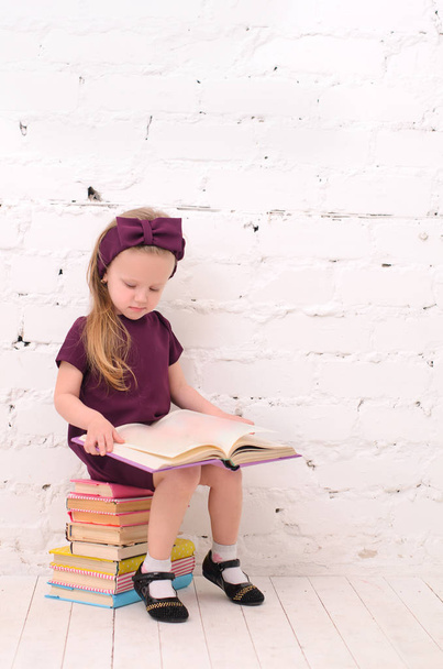 menina loira sentado em uma pilha de livros contra uma parede de tijolo branco
 - Foto, Imagem
