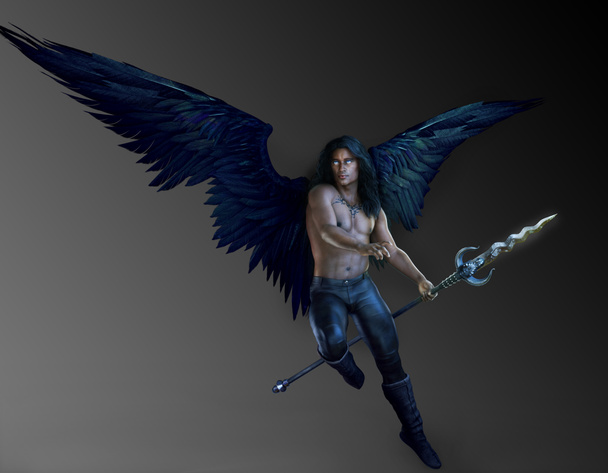 Fantasía Ángel macho con alas negras y lanza
 - Foto, imagen