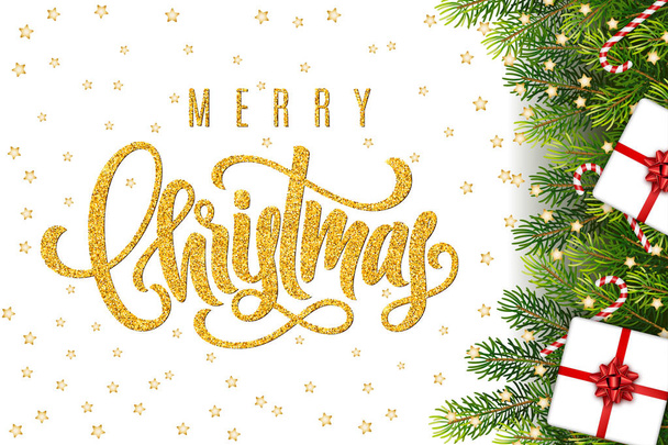 Merry Christmas hand lettering on greeting background with a fir tree branches, gifts, bow, candy canes and decorations. Template for a banner, poster, invitation - Vektor, obrázek