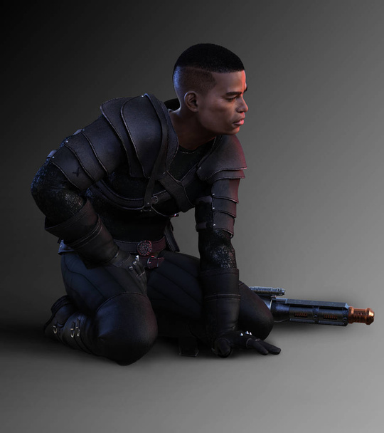 Fantasy zsoldos férfi fekete bőr páncél, guggolás, puska - Fotó, kép