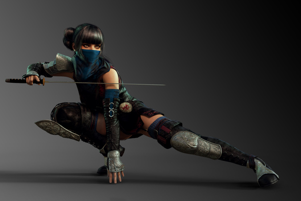 Mercenary Ninja Woman in Fighting Pose with Katana - Photo, Image