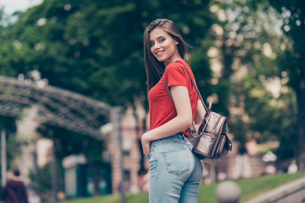 Straight-haired young beautiful smiling girl wearing casual red  - Fotografie, Obrázek