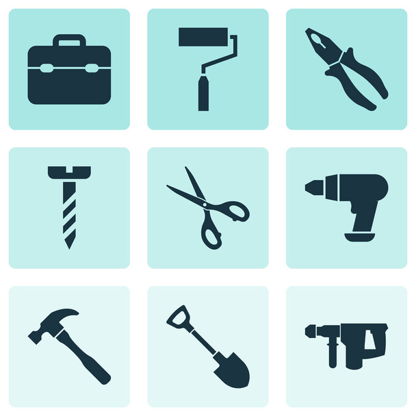 Tools icons set with electric instrument, drill, scissors and other clamp elements. Isolated vector illustration tools icons. - Vector, Image