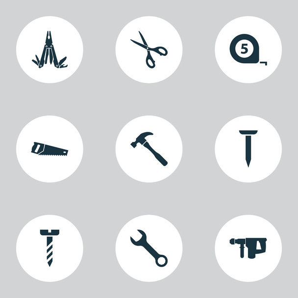 Herramientas iconos conjunto con llave inglesa, sierra, martillo y otros elementos de reparación. Iconos de herramientas de ilustración vectorial aislado
. - Vector, Imagen