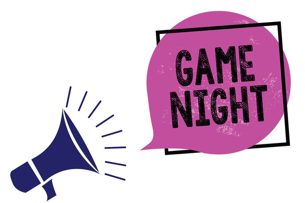 Handwriting text Game Night. Concept meaning event in which folks get together for the purpose of getting laid Megaphone loudspeaker speaking loud screaming frame purple speech bubble - Photo, Image