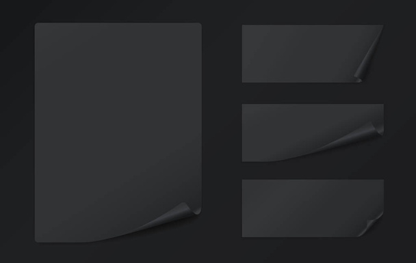 Set van zwart Opmerking notebookpapier met gekrulde hoeken voor tekst of reclameboodschap - Vector, afbeelding