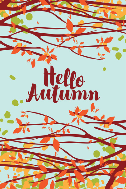 Vector banner with calligraphic inscription Hello autumn. Autumn illustration with autumn leaves on the branches of trees in a Park or forest - ベクター画像