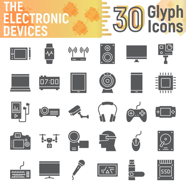 Ηλεκτρονικές συσκευές σετ γλύφων εικονίδιο, media σύμβολα συλλογή διάνυσμα σκίτσα, λογότυπο εικόνες, ψηφιακές ενδείξεις στερεά εικονογράμματα πακέτο απομονωθεί σε λευκό φόντο, eps 10. - Διάνυσμα, εικόνα