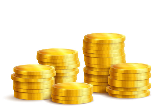Piles of golden metal coins isolated - Vector, Image