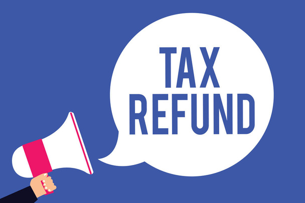 Text sign showing Tax Refund. Conceptual photo applied when money liability is less than the paid ones Man holding megaphone loudspeaker speech bubble screaming blue background - Photo, Image