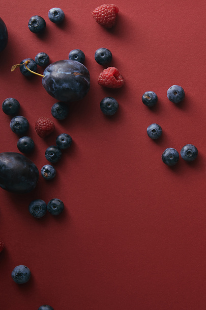 elevated view of blueberries, raspberries and plums on red surface  - Photo, Image