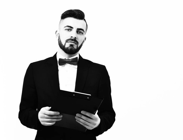 Stylish presenter with beard and confident face expression in suit - Zdjęcie, obraz