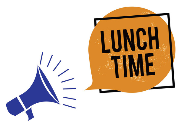 Word writing text Lunch Time. Business concept for Meal in the middle of the day after breakfast and before dinner Megaphone loudspeaker speaking loud screaming frame orange speech bubble - Photo, Image