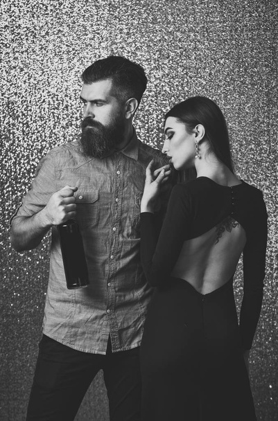Girl in sexy dress and hipster in blue shirt - Fotoğraf, Görsel