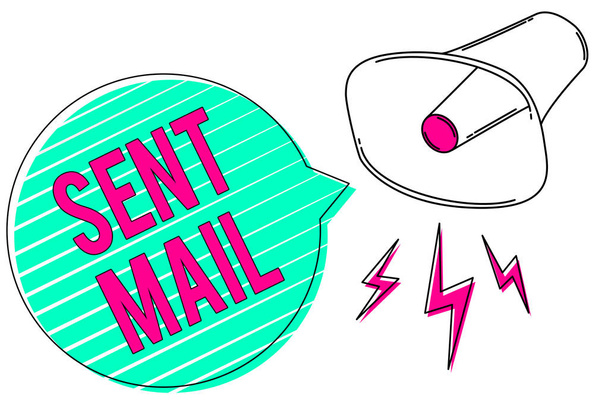 Conceptual hand writing showing Sent Mail. Business photo showcasing Event where a letter to be taken somewhere or goes to the receiver Megaphone green speech bubble stripes important loud message - Photo, Image