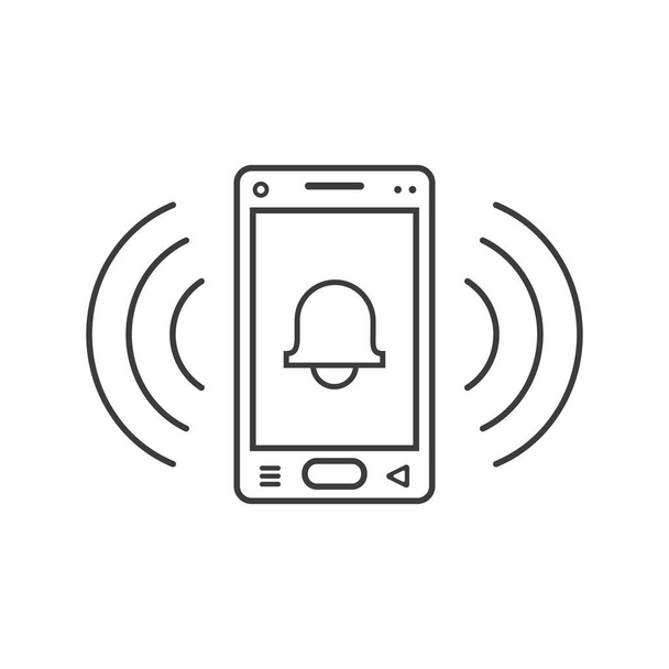fekete-fehér vonalas cseng smartphone ikon a jele, hogy a harang, és a jel hullámok - Vektor, kép