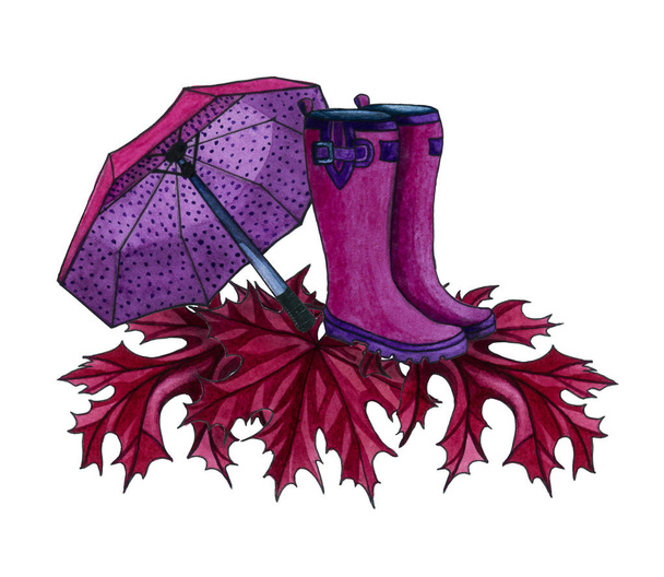 Bottes de pluie roses avec un parapluie debout sur des feuilles rouges. Aquarelle illustration dessinée à la main. Eléments d'automne. Bottes de pluie avec feuilles de fond blanc
. - Photo, image