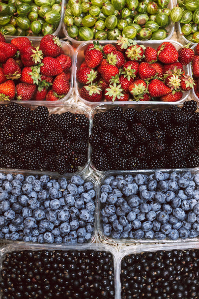 Κοντινό περίπτερο με ποικιλία από νόστιμα φρέσκα φρούτα σε μοντέρνο μπακάλικο - Φωτογραφία, εικόνα