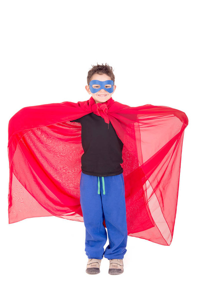 little boy pretending to be a super hero isolated on white - Foto, Imagen