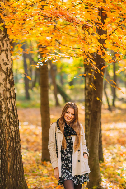 Young beautiful woman in a stylish autumn coat walking in the park on sunny day. . Autumn woman having fun at the park and smiling. Young woman portrait in autumn color. - Photo, Image