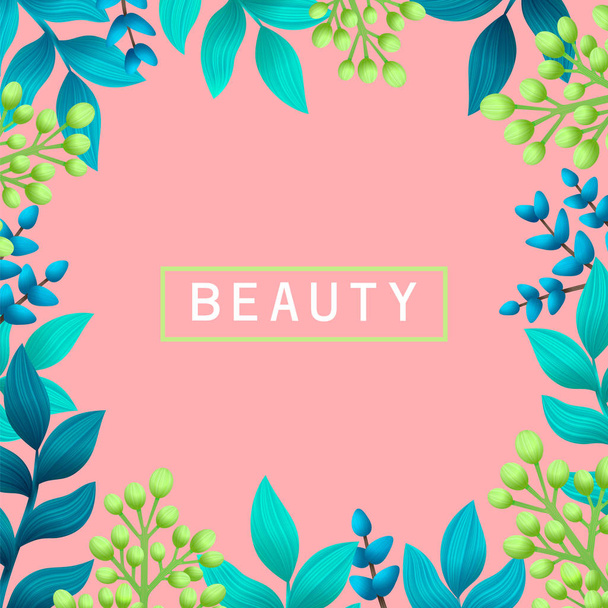 Beauty concept. Herbal pre-made composition. Natural products and cosmetics. Summer wild herbs with space for your text on pink background. Healing Herbs for cards, package, banners, label design - Vector, imagen
