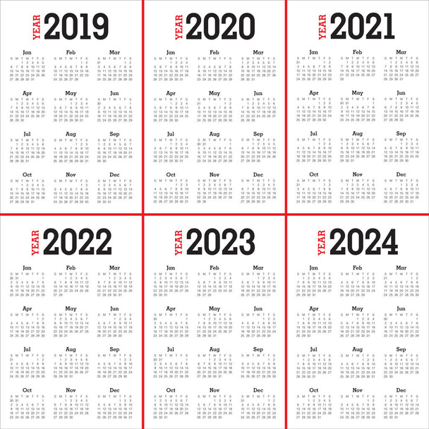 Roku 2019 2020 2021 2022 2023 2024 kalendář vektorové šablona návrhu, jednoduchý a čistý design - Vektor, obrázek