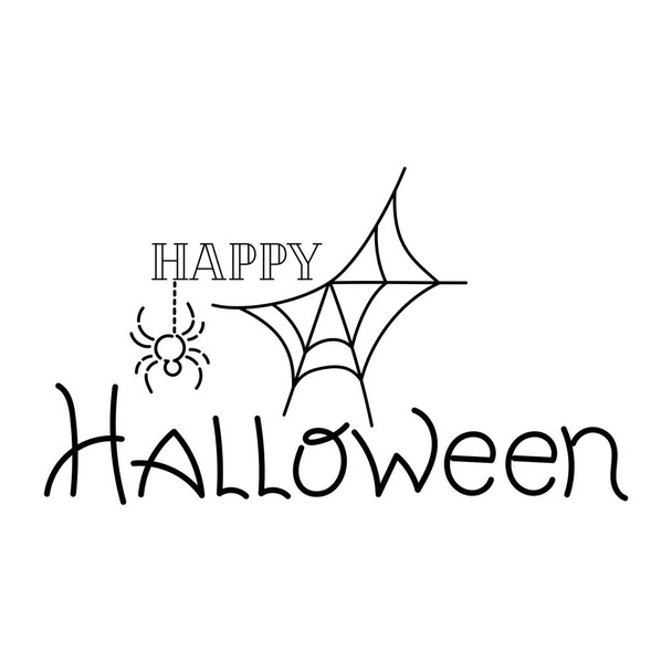 Text "Happy Halloween",  Spiders . Hand drawn  lettering. Design for holiday greeting card. Vector illustration on white background - Vektor, kép