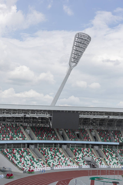 Minsk, Belarus, August 14 2018 - National Olympic Stadium Dinamo is a multi-purpose football and athletic stadium in Minsk, Belarus, reopened after a massive renovation project. Will host 2019 - Zdjęcie, obraz