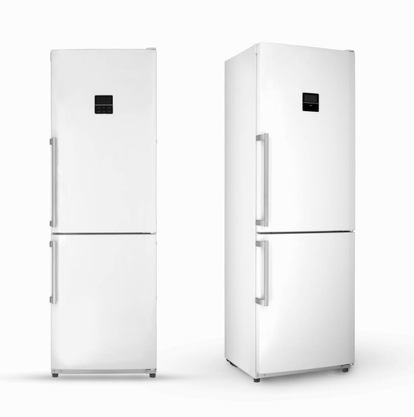 refrigerador de duas câmaras doméstico moderno em um fundo branco, dois ângulos e posições, isolado
 - Foto, Imagem