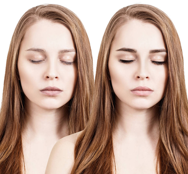 Woman face close-up before and after makeup. - Foto, Imagem