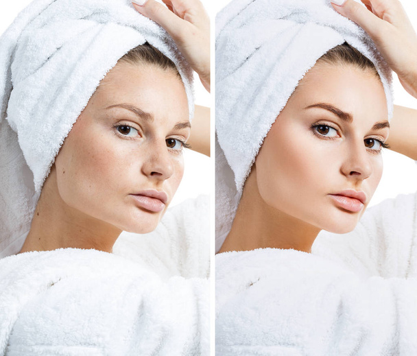 junge Frau im weißen Bademantel vor und nach dem Make-up. - Foto, Bild