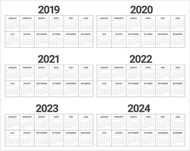 Πρότυπο σχεδίασης διανυσματικών Ημερολόγιο έτους 2019 2020 2021 2022 2023 2024, απλό και καθαρό σχέδιο - Διάνυσμα, εικόνα