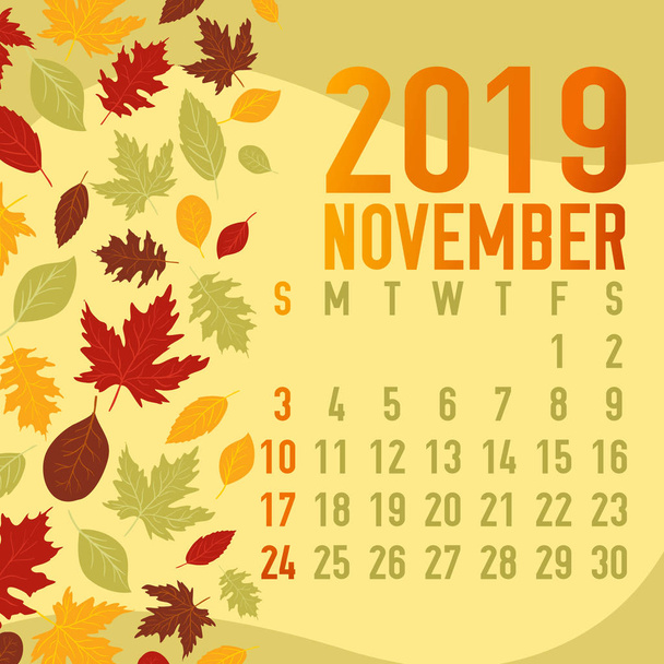 Шаблон осенне-осеннего календаря 2019 с абстрактными падающими листьями
 - Вектор,изображение