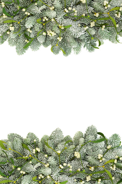 Muérdago de invierno y Navidad con borde de pino picea cubierto de nieve sobre fondo blanco con espacio para copiar. Tema romántico de Navidad
. - Foto, Imagen