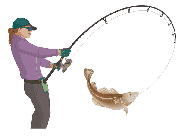 кучерявий рибалка-жінка ловить рибу за допомогою рибальського полюса та приманки ізольовано на білому тлі
 - Вектор, зображення