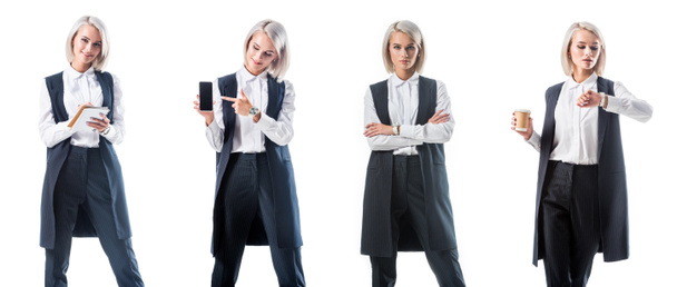 collage fotografico di donna d'affari in abito formale con diversi oggetti isolati su bianco
 - Foto, immagini