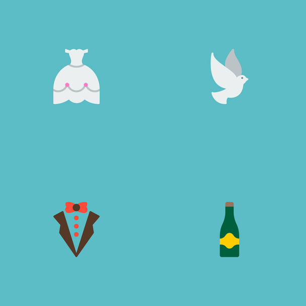 Набор значков обручения плоский стиль символов с платьем невесты, голубь, шампанское и другие значки для дизайна логотипа вашего веб-мобильного приложения
. - Фото, изображение