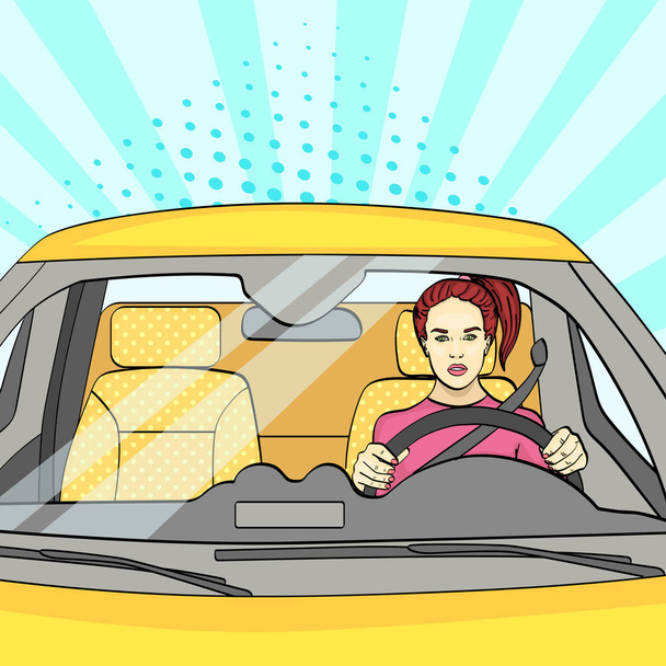 pop art φόντο, μπλε φως του ήλιου. Η γυναίκα στο τιμόνι, το αυτοκίνητο. Διάνυσμα - Διάνυσμα, εικόνα