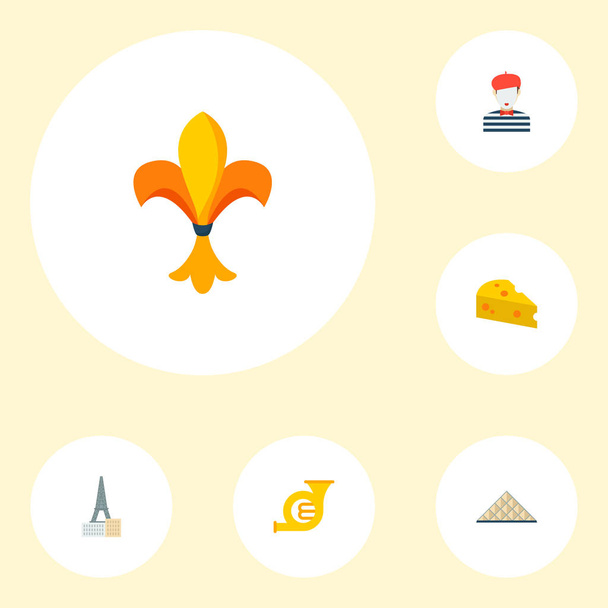 Набір символів кантрі-іконок плоского стилю з музеєм Лувр, французьким рогом, сиром та іншими піктограмами для дизайну логотипу вашого мобільного додатка
. - Фото, зображення